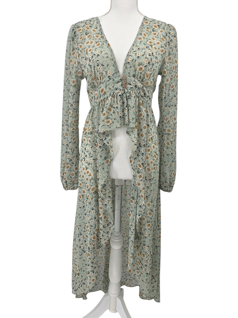 Altar’d State Floral Sage Green Chiffon Ruffle Front Duster Top Size M - Picture 2 of 7